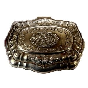 Vintage Silver Plate Embossed Ornate Decorative Trinket Box Hinged Lid Footed